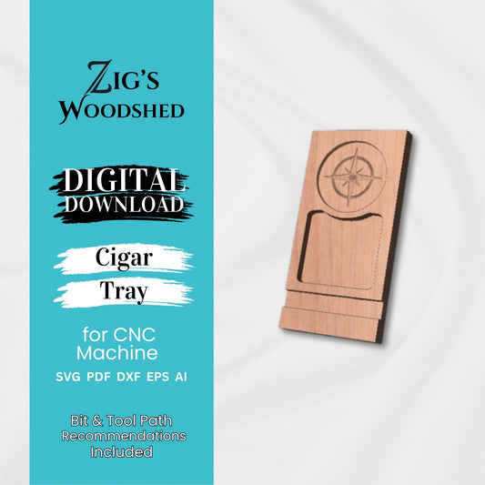 Digital cigar tray CNC file with engraved compass design and carved pocket shown in wood, available as SVG, DXF, PDF, EPS, and AI download.