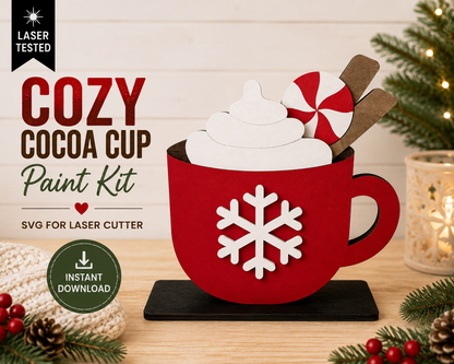 Cozy cocoa cup paint kit SVG for laser cutters featuring a red hot cocoa mug with snowflake, whipped cream, peppermint candy and cinnamon sticks. Instant digital download.