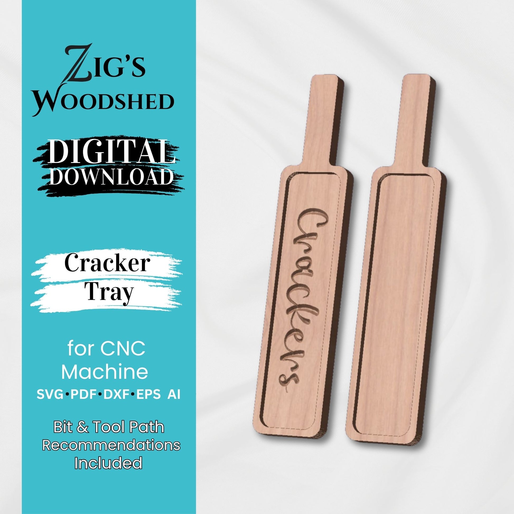 Digital rendering of two wooden cracker trays.  One is engraved with "crackers." 
 The other is blank.  Digital CNC file for purchase.  Includes bit and tool path recommendations.