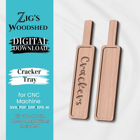 Digital rendering of two wooden cracker trays.  One is engraved with "crackers." 
 The other is blank.  Digital CNC file for purchase.  Includes bit and tool path recommendations.