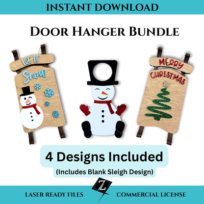 3 Christmas door hangers made of wood and acrylic.  Two are wooden sleighs, hung with twine with acrylic embellishments.  The third is a smiling snowman made of acrylic.  Designed for laser cutting.  Includes laser-ready file and commercial license.  
