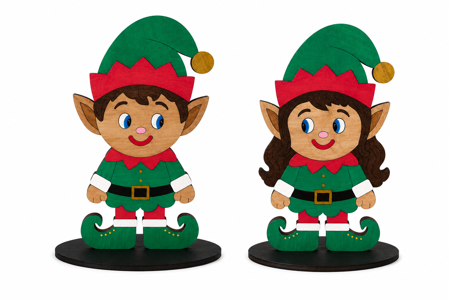 Finished wooden elf paint kit designs featuring a boy and girl Christmas elf with coordinating red and green outfits on black display bases.