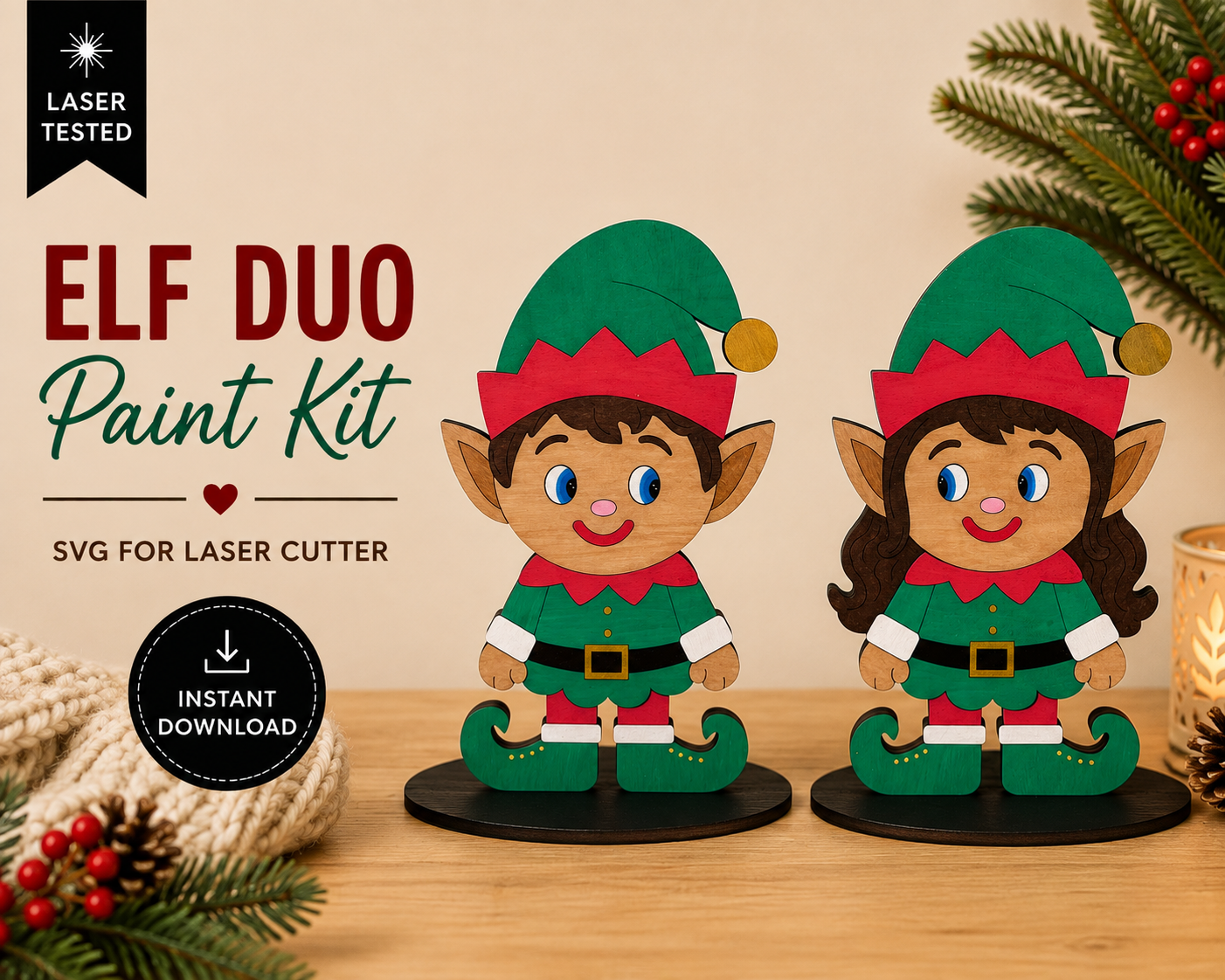 Elf duo paint kit SVG for laser cutters featuring boy and girl Christmas elves in red and green outfits on wooden display bases. Instant digital download.