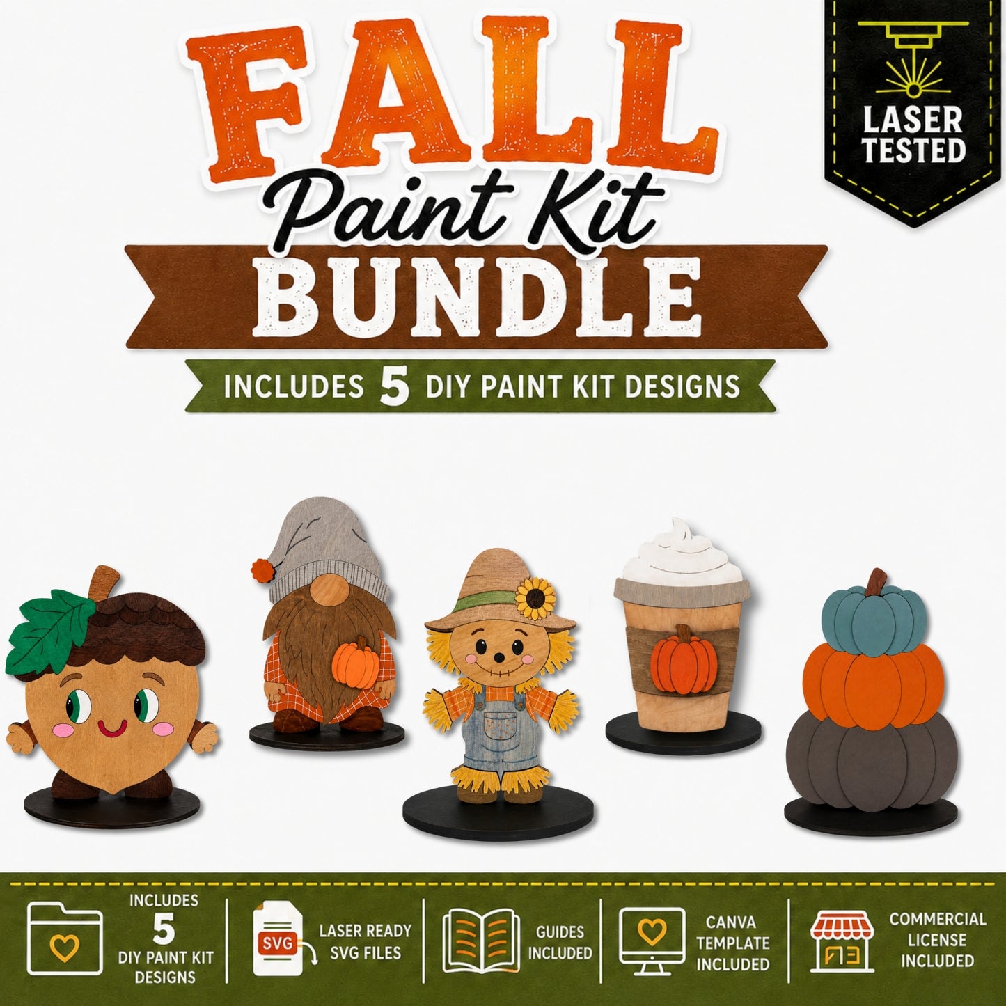 Fall Paint Kit Bundle featuring 5 laser-ready DIY designs: acorn, fall gnome, scarecrow, pumpkin latte, and stacked pumpkins.