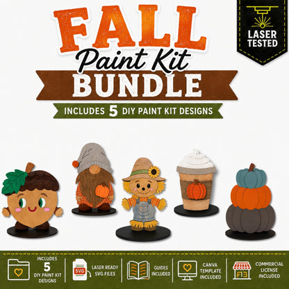 Fall Paint Kit Bundle featuring 5 laser-ready DIY designs: acorn, fall gnome, scarecrow, pumpkin latte, and stacked pumpkins.