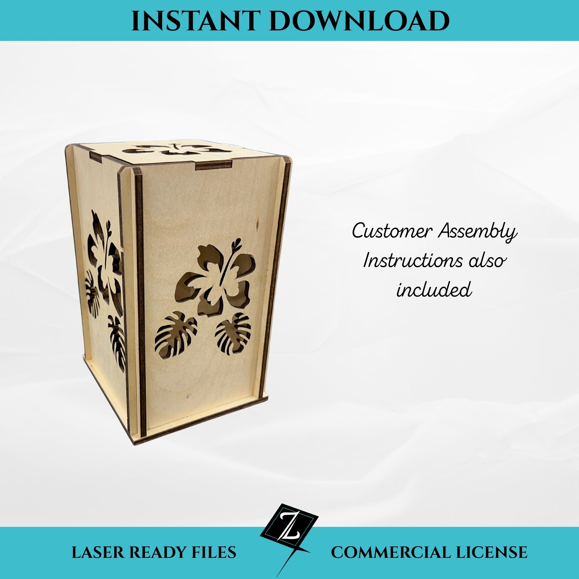 Hibiscus floral lantern SVG file for laser cutting, instant download. Wooden slot-together lantern with hibiscus flower and tropical leaf cutout panels. Includes customer assembly instructions and commercial license.