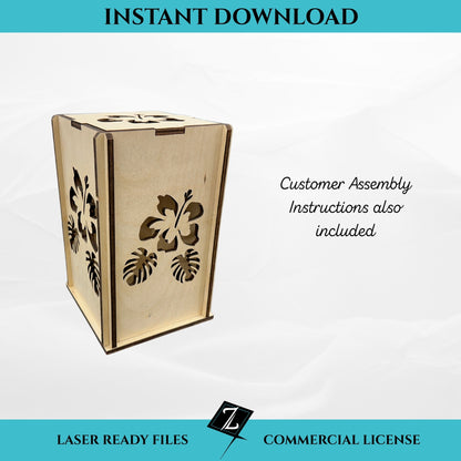Hibiscus floral lantern SVG file for laser cutting, instant download. Wooden slot-together lantern with hibiscus flower and tropical leaf cutout panels. Includes customer assembly instructions and commercial license.