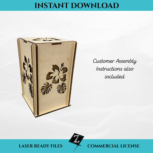 Hibiscus floral lantern SVG file for laser cutting, instant download. Wooden slot-together lantern with hibiscus flower and tropical leaf cutout panels. Includes customer assembly instructions and commercial license.