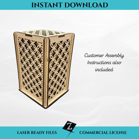 Geometric lantern SVG file for laser cutting, instant download. Wooden flat-pack lantern with repeating geometric cutout pattern. Includes customer assembly instructions and commercial license.