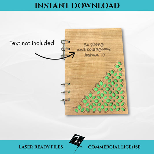 Wooden journal cover with geometric cut-out pattern in bottom corner and green backing, laser cut file for instant download with binding ring holes, text not included.
