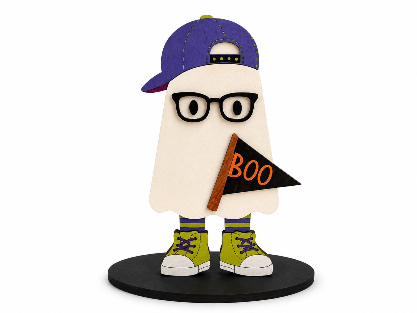 A stylized ghost-shaped figurine or collectible character standing on a round black base against a plain white background. The ghost wears a purple cap, black glasses, green sneakers, and holds a small black flag with orange 'BOO' text.
