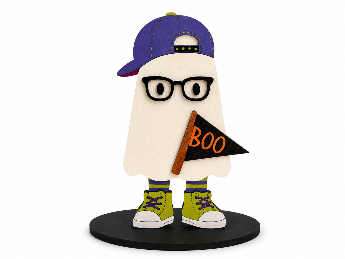 A stylized ghost-shaped figurine or collectible character standing on a round black base against a plain white background. The ghost wears a purple cap, black glasses, green sneakers, and holds a small black flag with orange 'BOO' text.