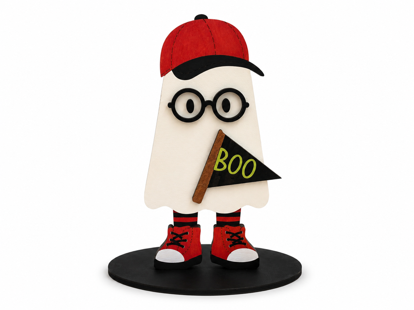 A stylized ghost figurine wearing a red baseball cap, round black glasses, red sneakers, and holding a small black flag that says 'BOO' in yellow, standing on a round black base against a white background.