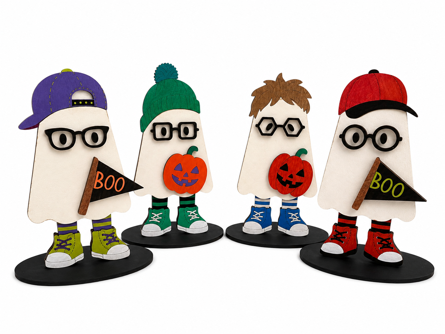 Four Halloween ghost figurines with different outfits, including caps, beanies, glasses, sneakers, and jack-o'-lanterns, standing on black bases against a white background.