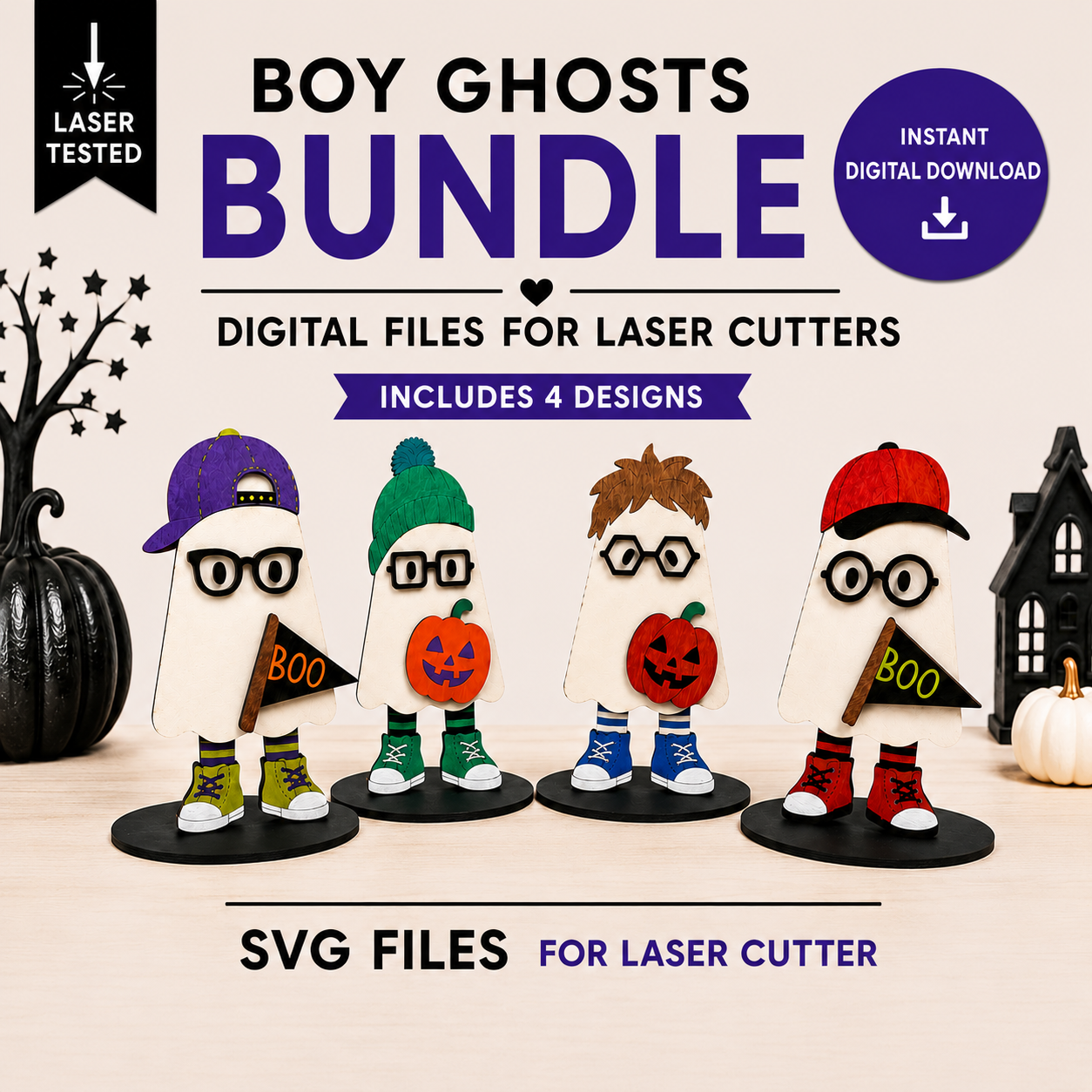 Promotional graphic for a laser-cut digital bundle featuring four cartoon ghost Halloween designs. The text reads 'BOY GHOSTS BUNDLE' and 'DIGITAL FILES FOR LASER CUTTERS,' with 'INCLUDES 4 DESIGNS' and 'SVG FILES FOR LASER CUTTER.