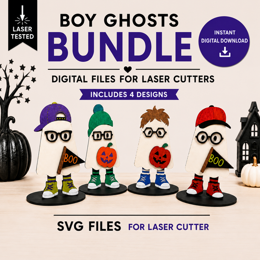 Promotional graphic for a laser-cut digital bundle featuring four cartoon ghost Halloween designs. The text reads 'BOY GHOSTS BUNDLE' and 'DIGITAL FILES FOR LASER CUTTERS,' with 'INCLUDES 4 DESIGNS' and 'SVG FILES FOR LASER CUTTER.