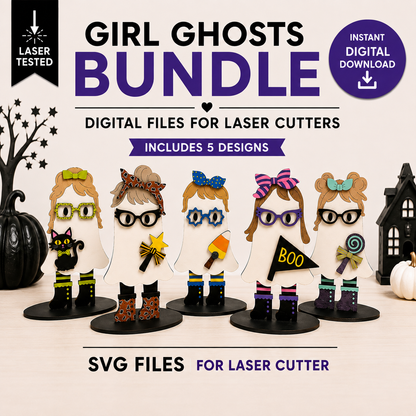 Promotional graphic for a digital SVG file bundle titled 'Girl Ghosts Bundle' for laser cutters. The image shows four stylized ghost figures with different hair bows, glasses, boots, accessories, and a black cat on display stands, with text stating 'Digital Files for Laser Cutters,' 'Includes 5 Designs,' 'Instant Digital Download,' and 'SVG Files for Laser Cutter.