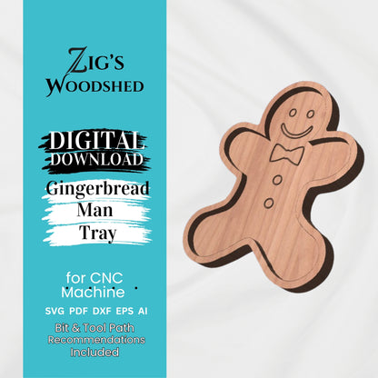Digital download Gingerbread Man tray CNC file shown with wooden gingerbread-shaped tray.  Bit and tool path recommendations included.