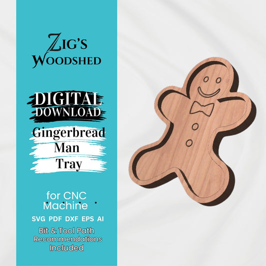 Digital download Gingerbread Man tray CNC file shown with wooden gingerbread-shaped tray.  Bit and tool path recommendations included.