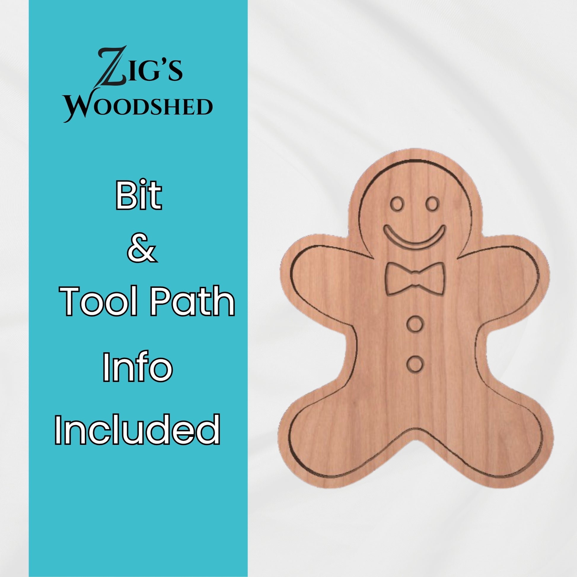 Digital download Gingerbread Man tray CNC file shown with wooden gingerbread-shaped tray.  Bit and tool path recommendations included.