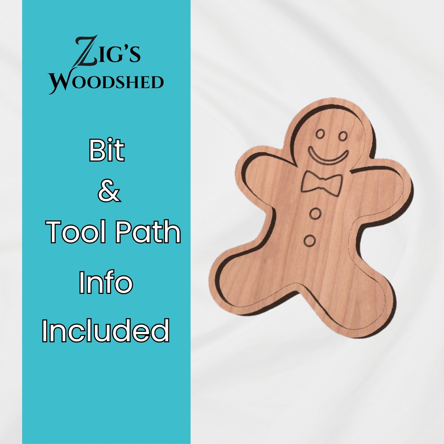 Digital download Gingerbread Man tray CNC file shown with wooden gingerbread-shaped tray.  Bit and tool path recommendations included.