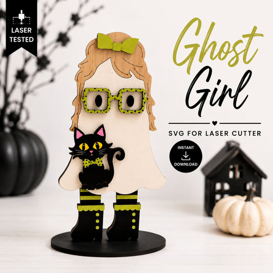 A Halloween-themed laser-cut design preview featuring a ghost girl figure with blonde hair, green bow and glasses, holding a black cat, on a black base. Text on the image reads 'Ghost Girl' and 'SVG for Laser Cutter,' with 'Laser Tested' and 'Instant Download' badges.