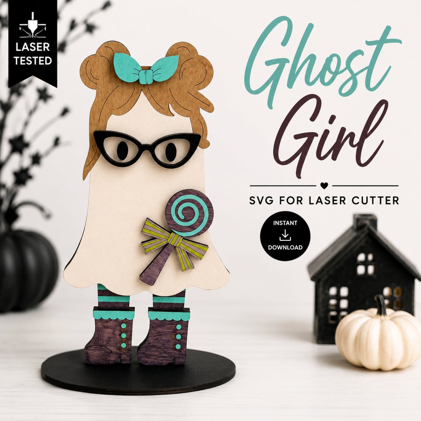 A decorative ghost-shaped wooden cutout figure labeled 'Ghost Girl' with brown hair, black glasses, teal bow and socks, purple boots, and a lollipop accessory. The image includes text reading 'Ghost Girl', 'SVG for Laser Cutter', 'Instant Download', and 'Laser Tested', with small Halloween props in the background.