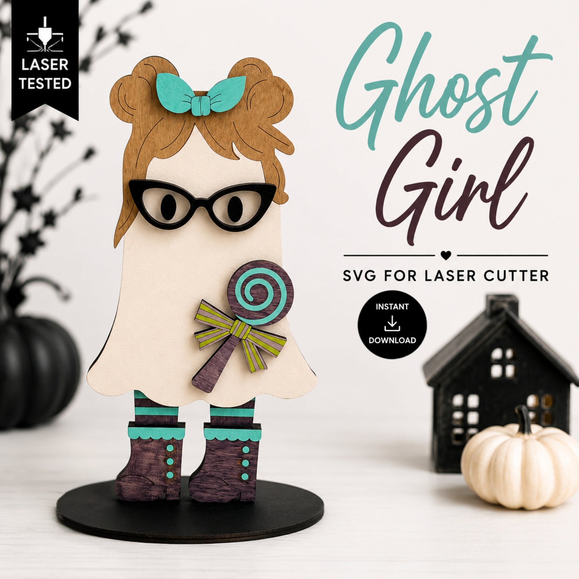 A decorative ghost-shaped wooden cutout figure labeled 'Ghost Girl' with brown hair, black glasses, teal bow and socks, purple boots, and a lollipop accessory. The image includes text reading 'Ghost Girl', 'SVG for Laser Cutter', 'Instant Download', and 'Laser Tested', with small Halloween props in the background.