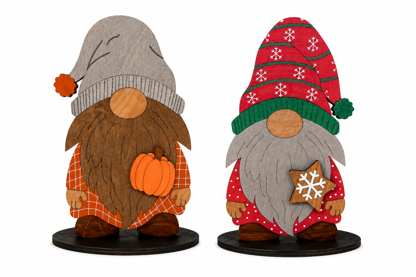 Fall and Christmas wooden gnome paint kit designs featuring a pumpkin gnome and snowflake star gnome on black display bases.