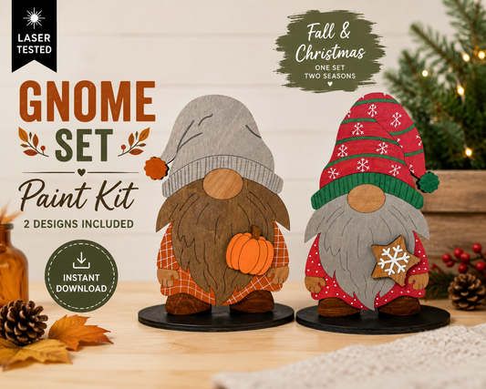 Gnome paint kit SVG set for laser cutters with interchangeable fall and Christmas designs. Includes two seasonal gnome designs as an instant digital download.