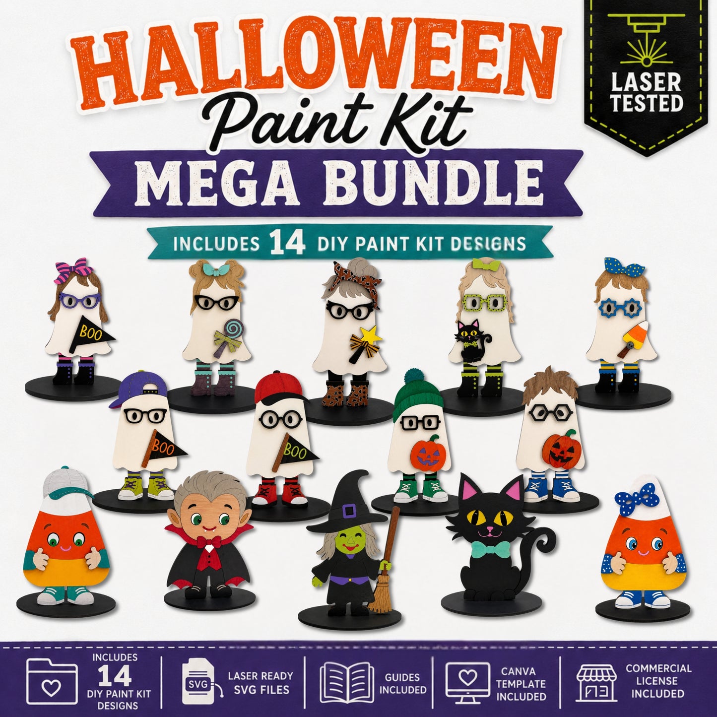 Halloween Paint Kit Mega Bundle promotional graphic showing 14 painted ghost and Halloween character designs on black circular bases, with large text reading 'HALLOWEEN Paint Kit MEGA BUNDLE,' a 'LASER TESTED' badge, and feature icons along the bottom.