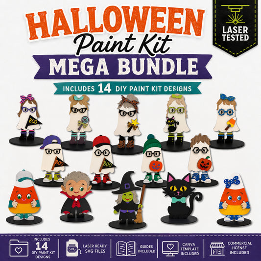 Halloween Paint Kit Mega Bundle promotional graphic showing 14 painted ghost and Halloween character designs on black circular bases, with large text reading 'HALLOWEEN Paint Kit MEGA BUNDLE,' a 'LASER TESTED' badge, and feature icons along the bottom.