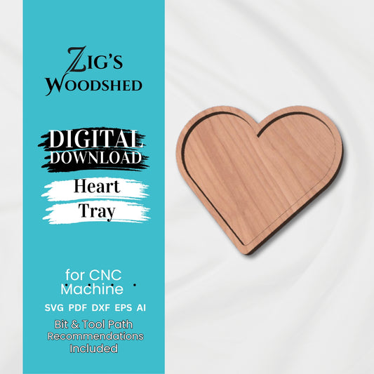 Digital download of wooden heart tray shown made with wood on a white background.  Bit and tool path recommendations included.