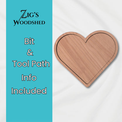 Digital download of wooden heart tray shown made with wood on a white background.  Bit and tool path recommendations included.