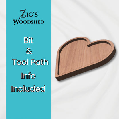 Digital download of wooden heart tray shown made with wood on a white background.  Bit and tool path recommendations included.
