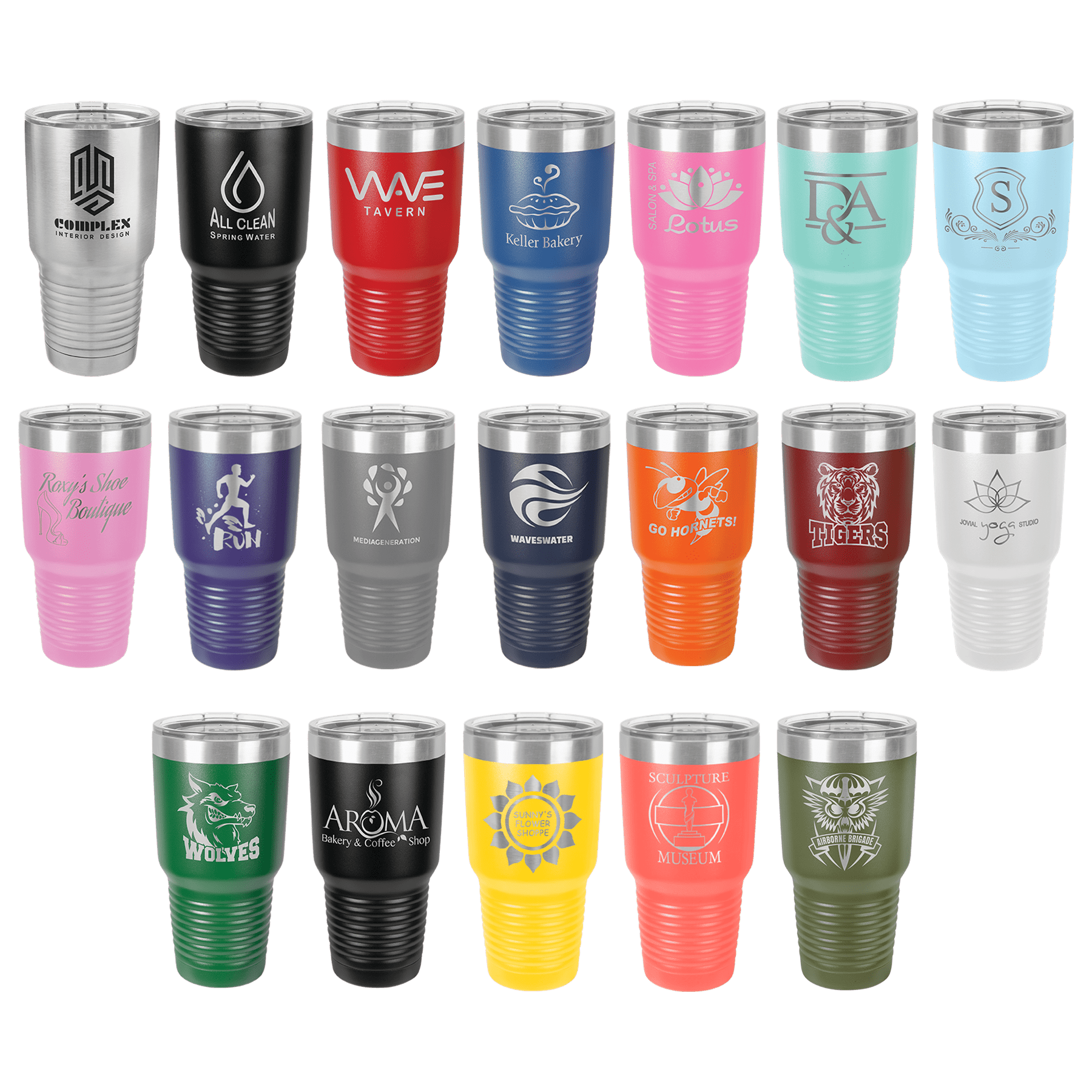 Various 30 oz tumblers with color and engraving choices.