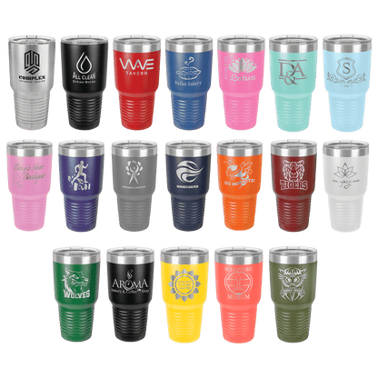 Various 30 oz tumblers with color and engraving choices.