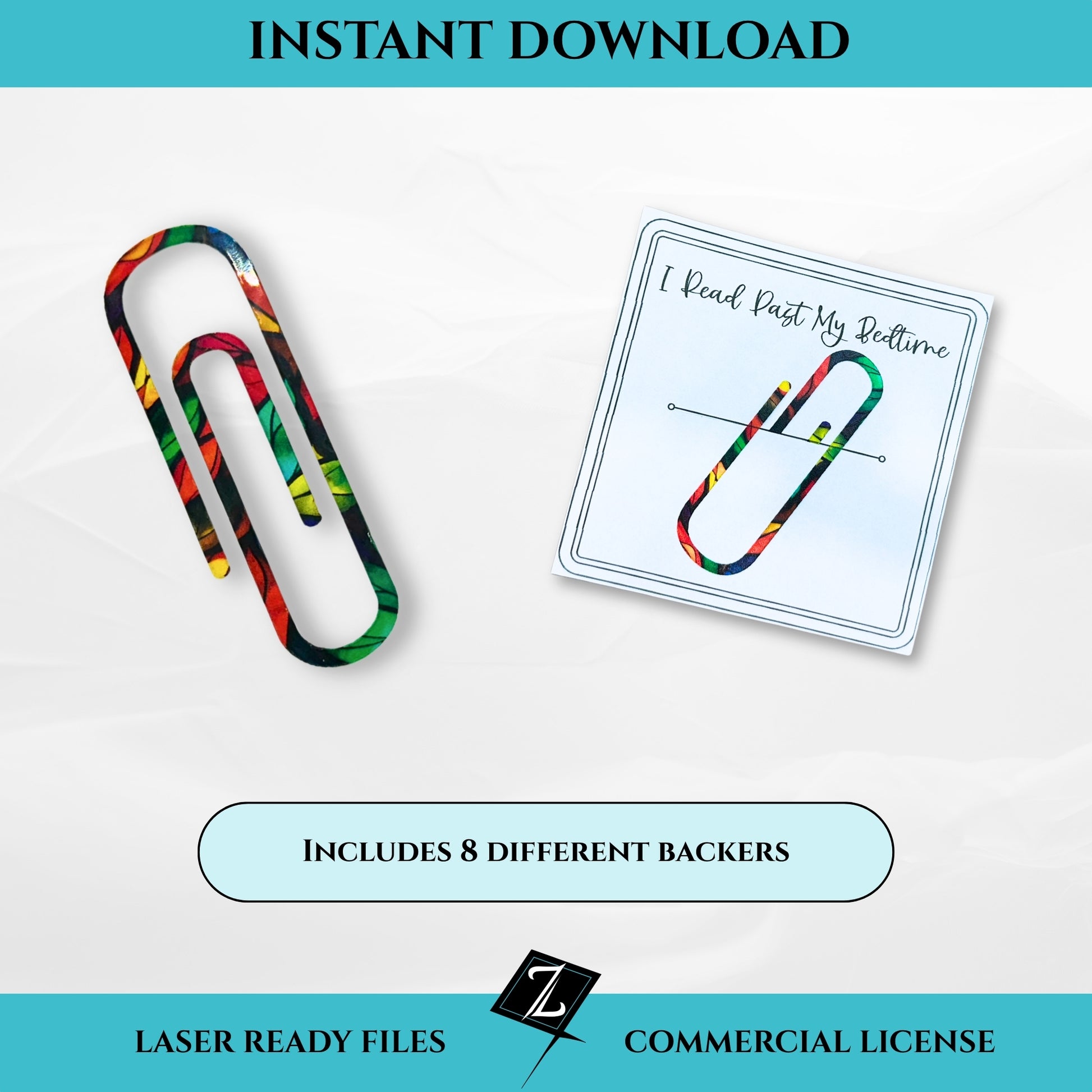 Laser-cut acrylic bookmark shaped like an oversized paper clip with a colorful pattern and a coordinating backer card that reads "I Read Past My Bedtime."