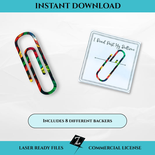 Laser-cut acrylic bookmark shaped like an oversized paper clip with a colorful pattern and a coordinating backer card that reads "I Read Past My Bedtime."