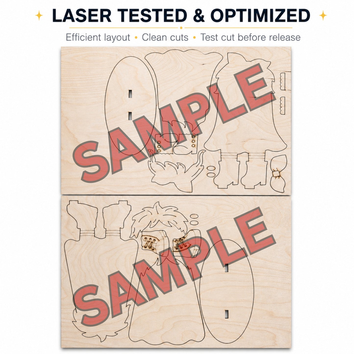 Two laser-cut wooden panels with engraved outlines of decorative shapes, overlaid with large red 'SAMPLE' text, under the headline 'LASER TESTED & OPTIMIZED' on a white background.