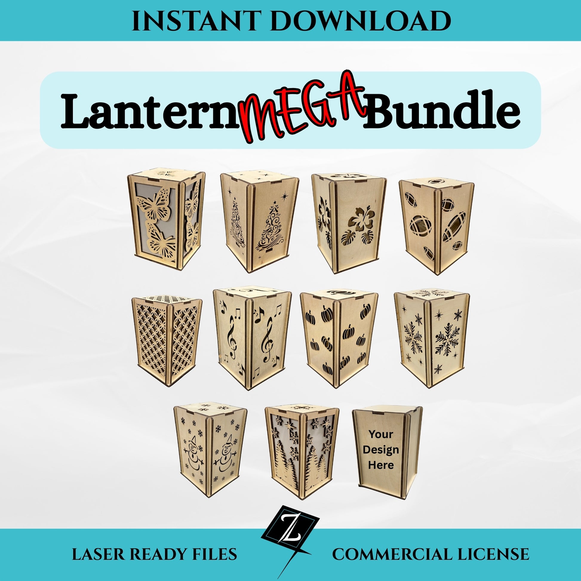 Lantern Mega Bundle digital download showing 10 laser cut lantern designs: Butterfly, Christmas Tree, Floral Hibiscus, Football, Geometric, Music, Pumpkin, Snowflake, Snowman, and Winter Scene. Also includes a blank version to add you own design.  Includes commercial license and assembly instructions.