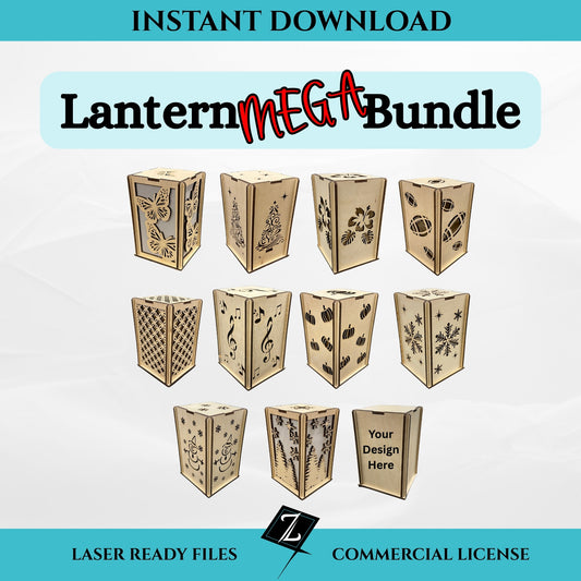 Lantern Mega Bundle digital download showing 10 laser cut lantern designs: Butterfly, Christmas Tree, Floral Hibiscus, Football, Geometric, Music, Pumpkin, Snowflake, Snowman, and Winter Scene. Also includes a blank version to add you own design.  Includes commercial license and assembly instructions.