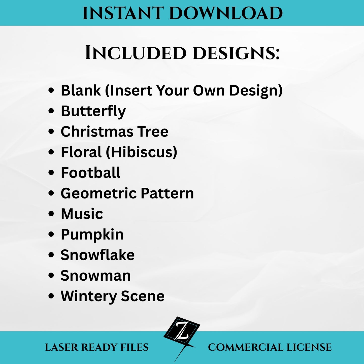 Instant download lantern file bundle showing included designs: Blank, Butterfly, Christmas Tree, Floral Hibiscus, Football, Geometric Pattern, Music, Pumpkin, Snowflake, Snowman, and Winter Scene. Commercial license included.
