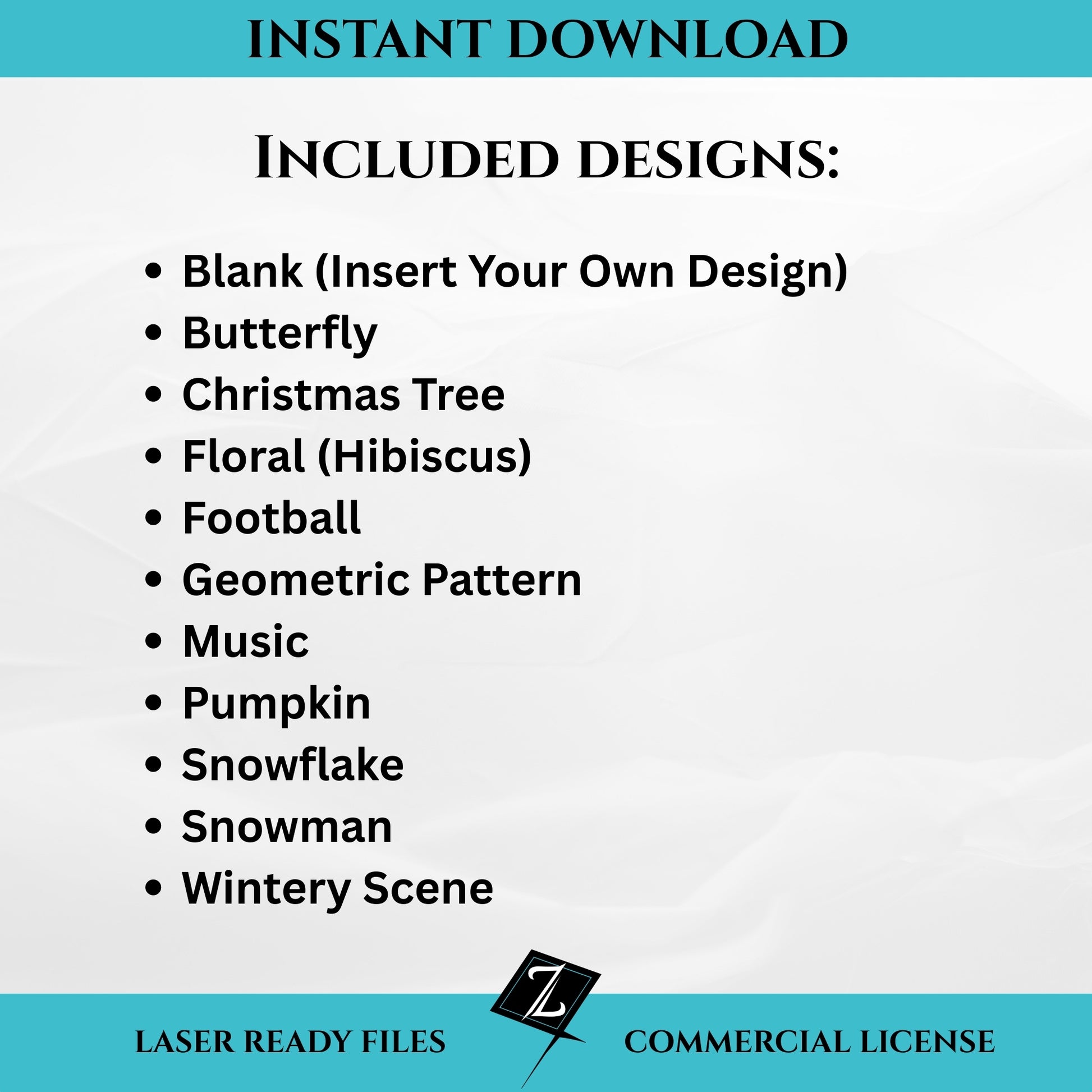 Instant download lantern file bundle showing included designs: Blank, Butterfly, Christmas Tree, Floral Hibiscus, Football, Geometric Pattern, Music, Pumpkin, Snowflake, Snowman, and Winter Scene. Commercial license included.