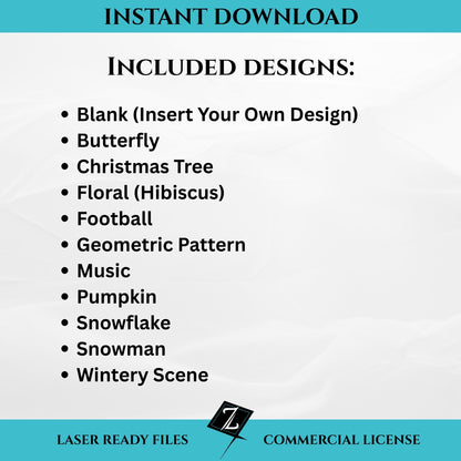 Instant download lantern file bundle showing included designs: Blank, Butterfly, Christmas Tree, Floral Hibiscus, Football, Geometric Pattern, Music, Pumpkin, Snowflake, Snowman, and Winter Scene. Commercial license included.