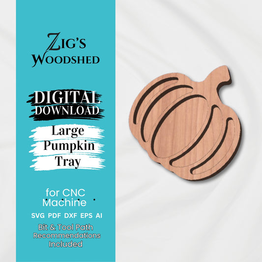 Digital download Large Pumpkin tray CNC file shown made with wood on a white background.  Bit and tool path recommendations included.