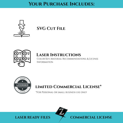 Your purchase includes an SVG cut file, laser instruction, and a limited commercial license.