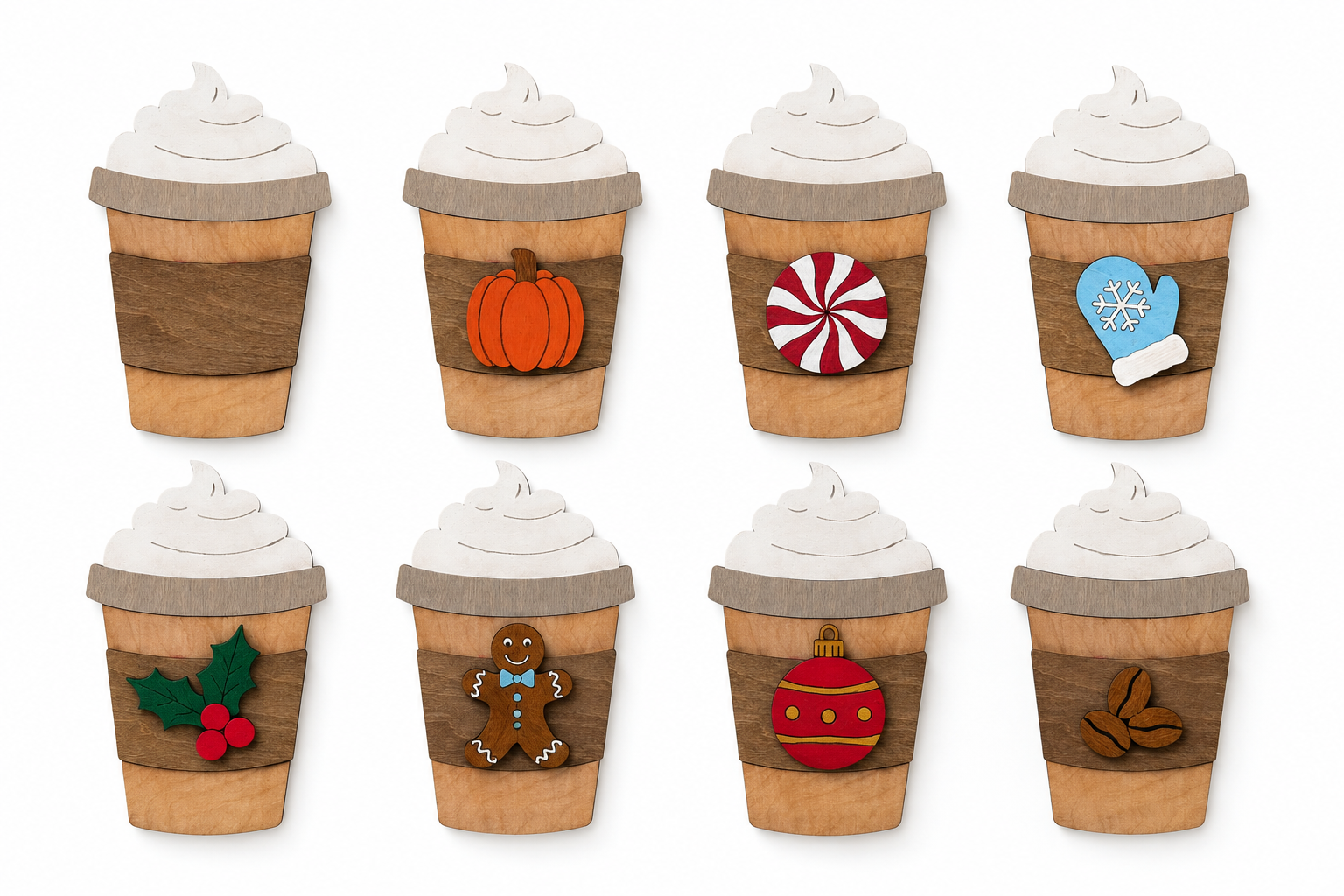Wooden latte paint kit shown with interchangeable pumpkin, peppermint, mitten, holly, gingerbread, ornament, and coffee bean accents.