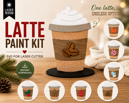 Latte paint kit SVG for laser cutters featuring a wooden coffee cup with interchangeable seasonal accents for fall and Christmas. Instant digital download.
