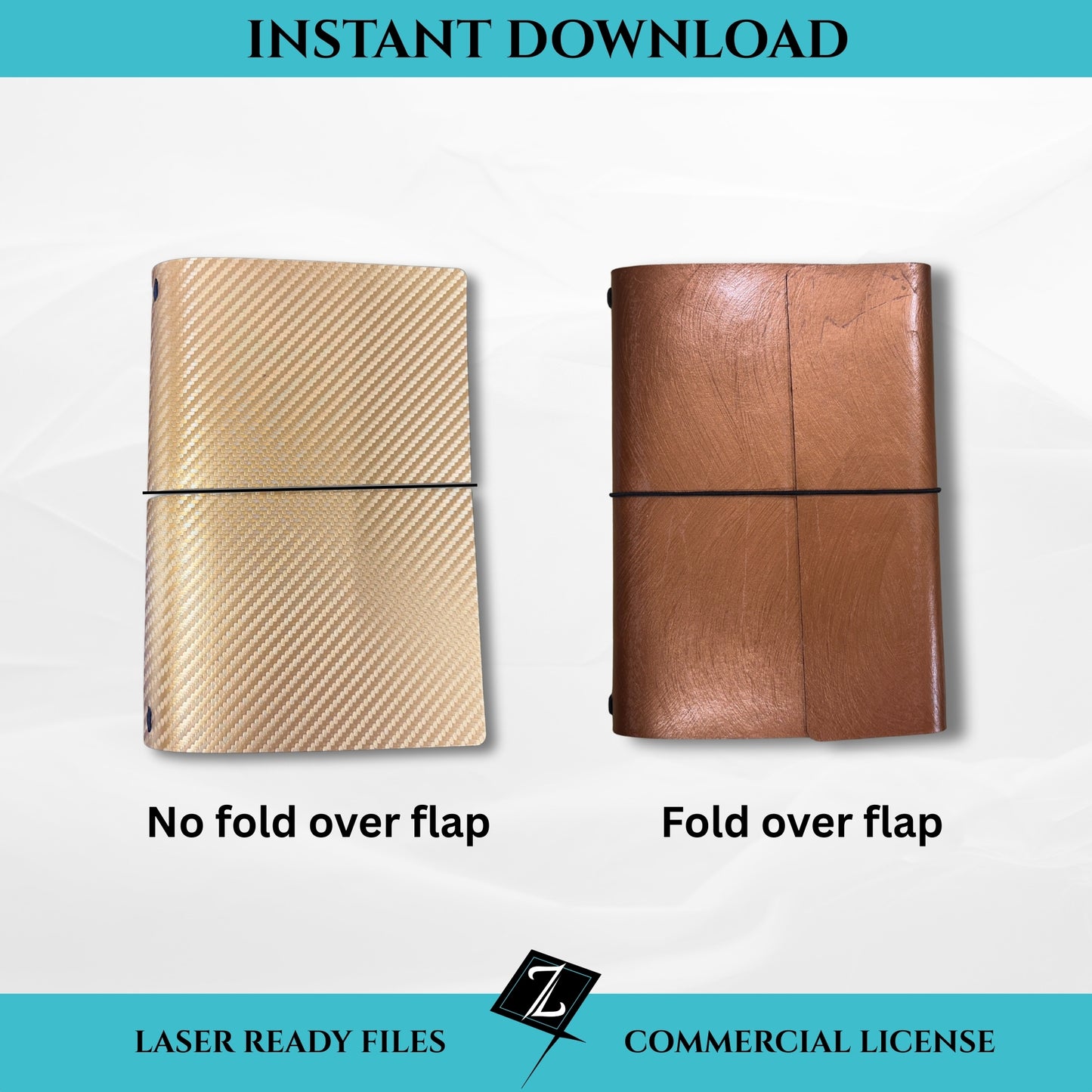 Laser cut file for leather or leatherette journal covers showing two options: gold cover without fold-over flap and copper leatherette cover with fold-over flap, elastic band closure, instant download design.